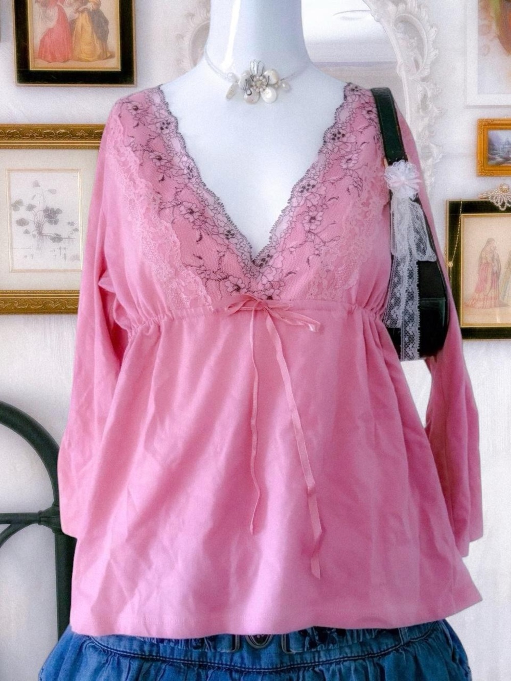 Y2K coquette lace & ribbon babydoll pink top